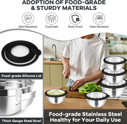 Mixing Bowls with Lids Set of 5, Stainless Steel Salad Bowls