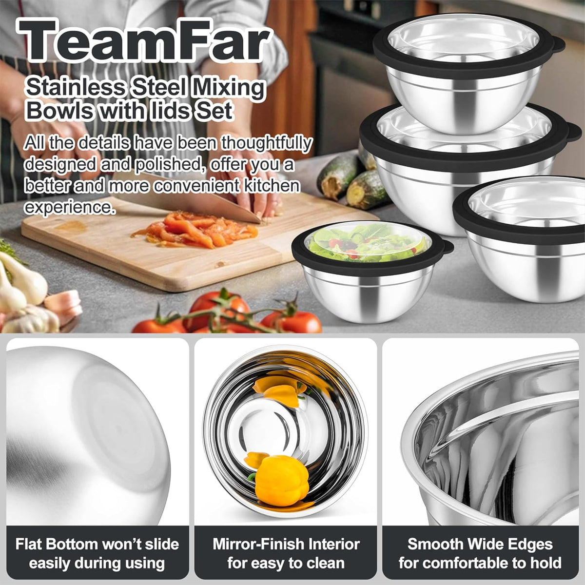 Mixing Bowls with Lids Set of 5, Stainless Steel Salad Bowls
