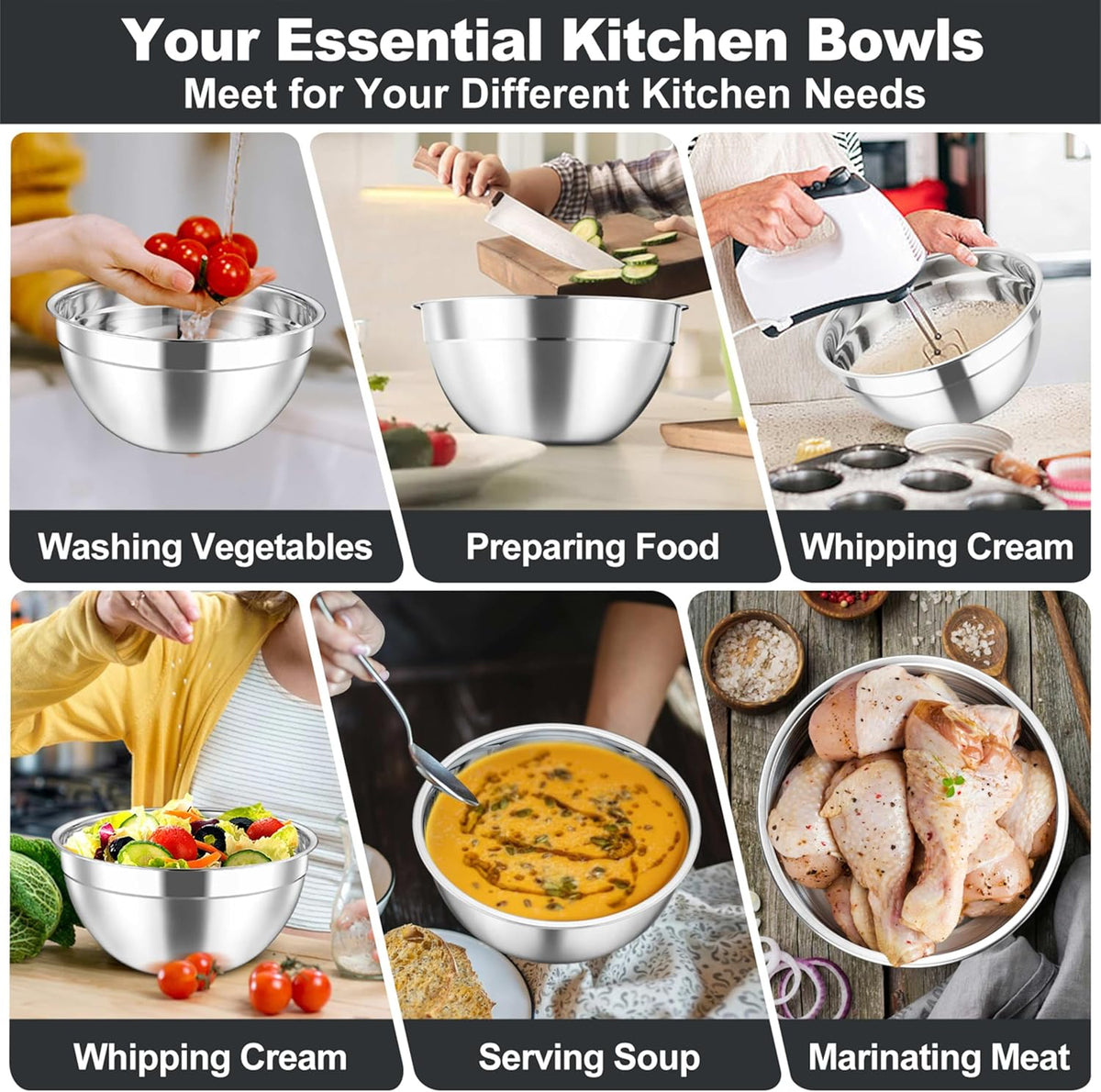 Mixing Bowls with Lids Set of 5, Stainless Steel Salad Bowls