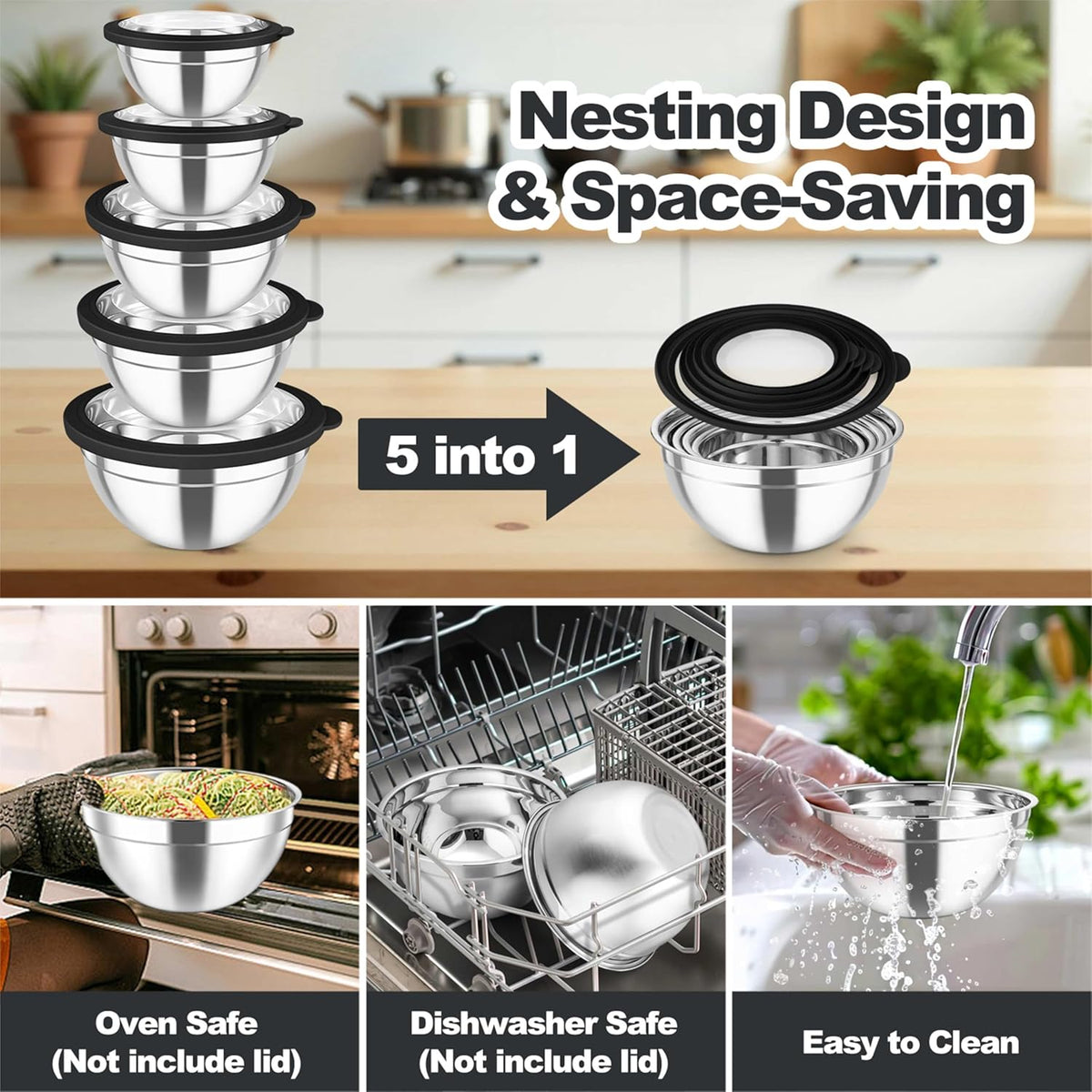 Mixing Bowls with Lids Set of 5, Stainless Steel Salad Bowls