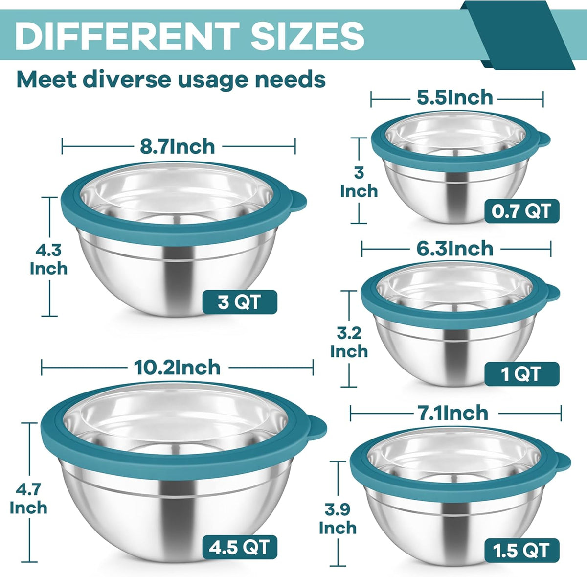 Mixing Bowls with Lids Set of 5, Stainless Steel Salad Bowls