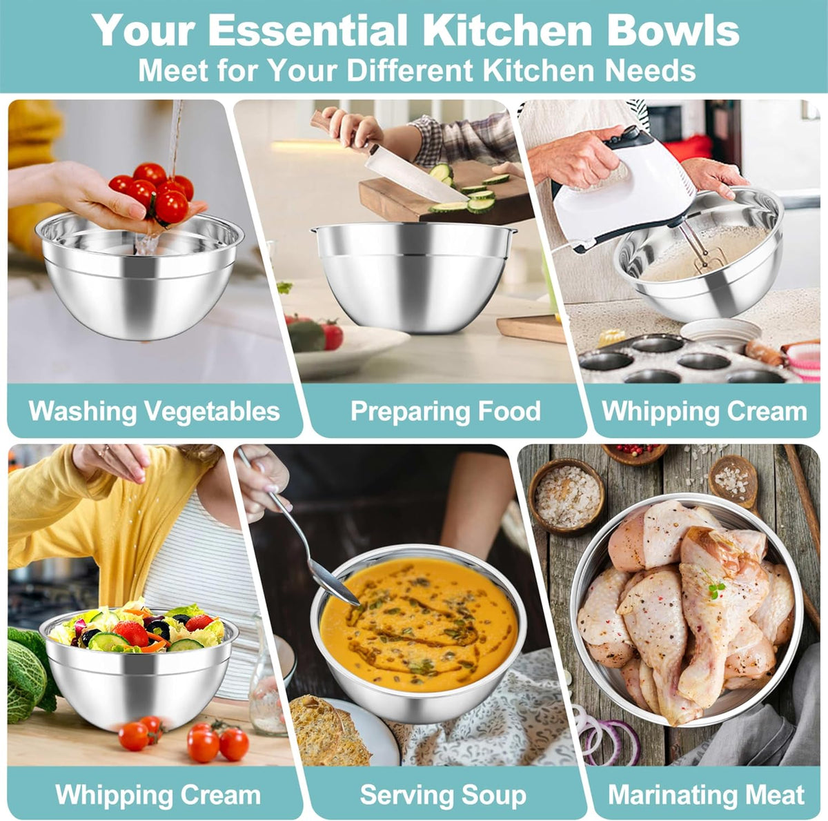Mixing Bowls with Lids Set of 5, Stainless Steel Salad Bowls