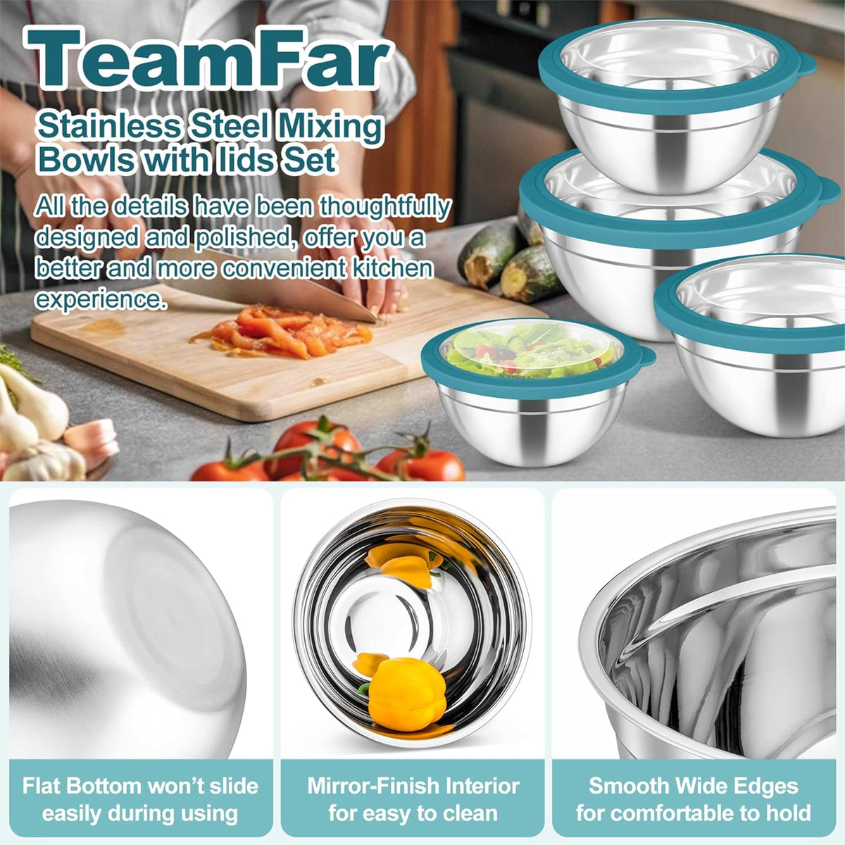 Mixing Bowls with Lids Set of 5, Stainless Steel Salad Bowls