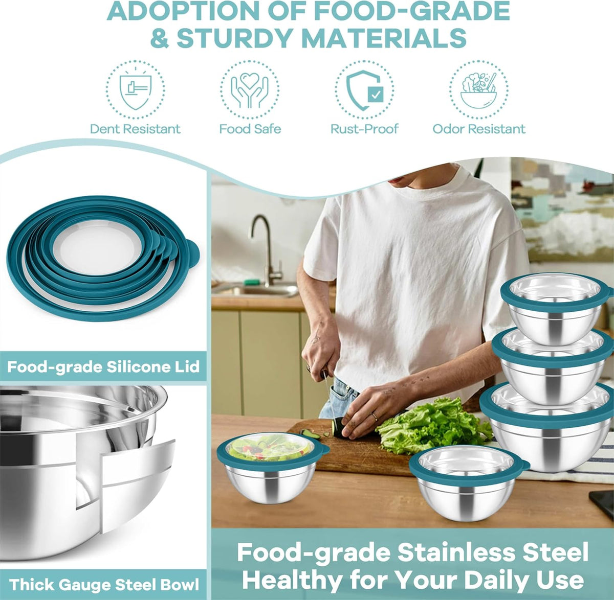 Mixing Bowls with Lids Set of 5, Stainless Steel Salad Bowls