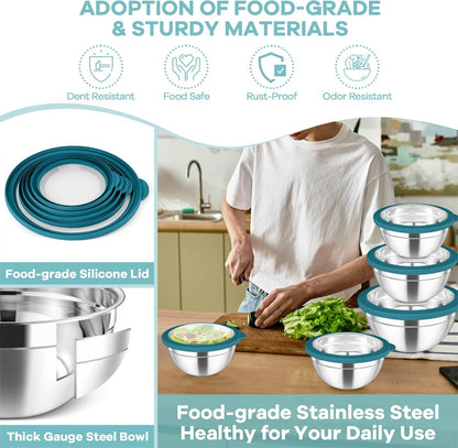 Mixing Bowls with Lids Set of 5, Stainless Steel Salad Bowls