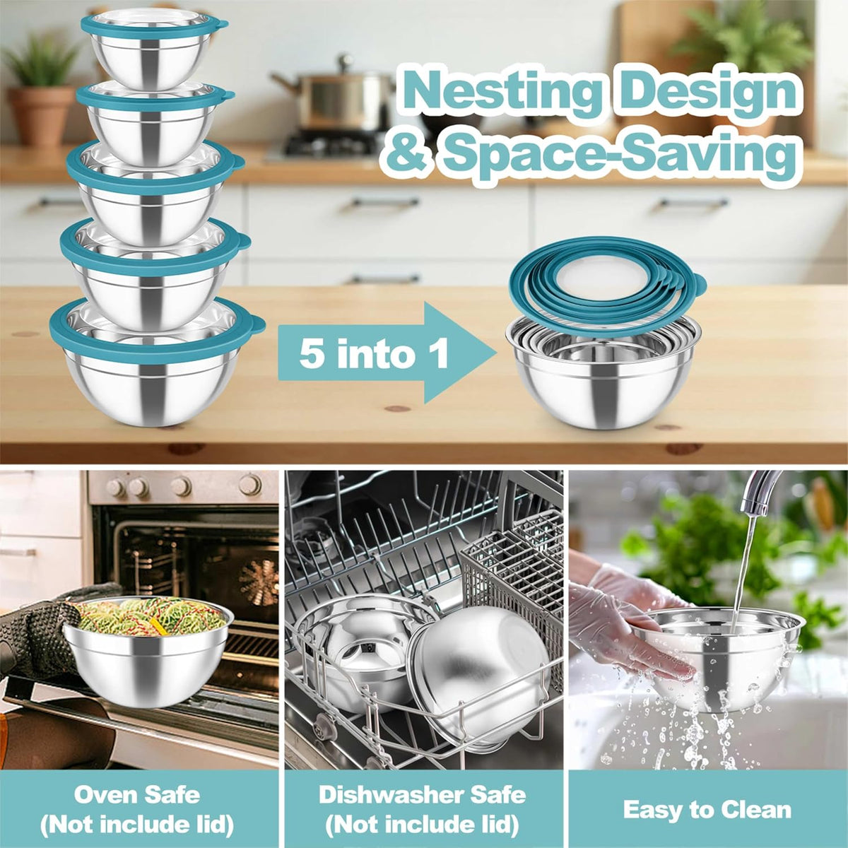 Mixing Bowls with Lids Set of 5, Stainless Steel Salad Bowls