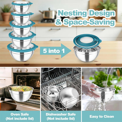 Mixing Bowls with Lids Set of 5, Stainless Steel Salad Bowls