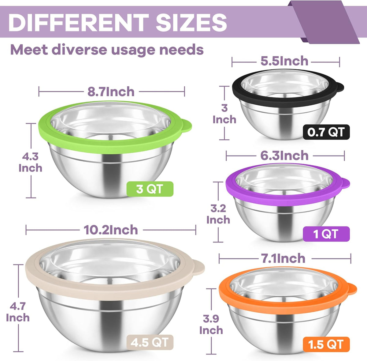Mixing Bowls with Lids Set of 5, Stainless Steel Salad Bowls