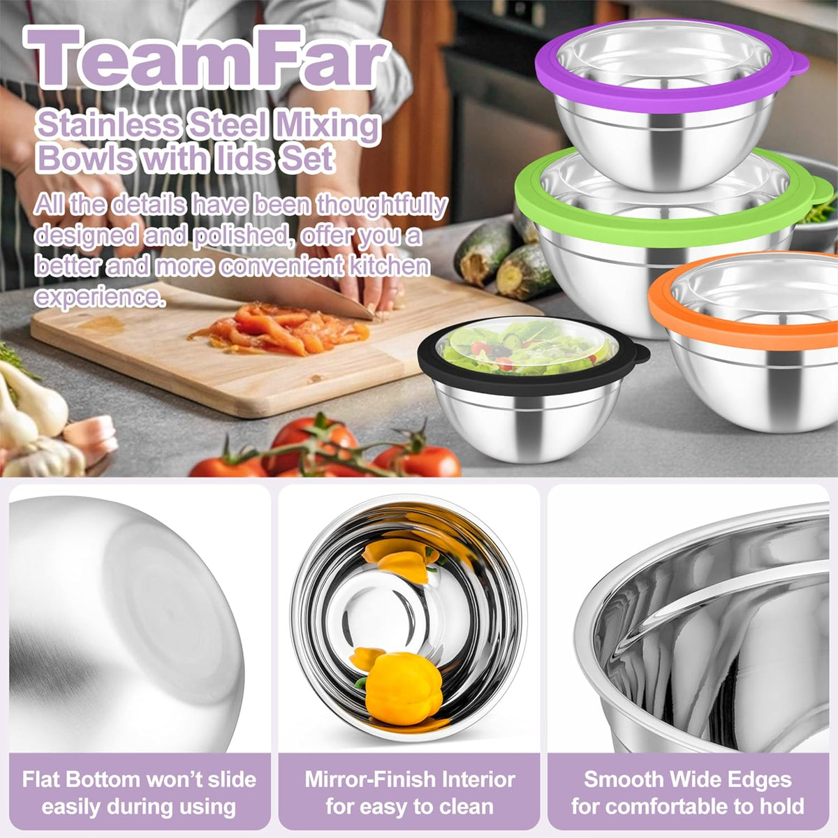 Mixing Bowls with Lids Set of 5, Stainless Steel Salad Bowls