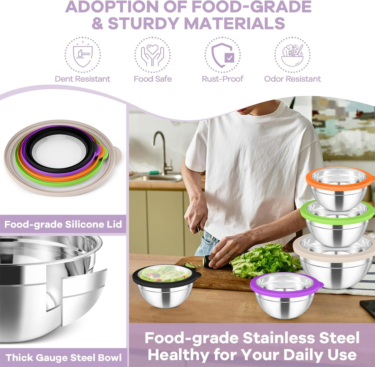 Mixing Bowls with Lids Set of 5, Stainless Steel Salad Bowls