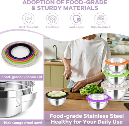 Mixing Bowls with Lids Set of 5, Stainless Steel Salad Bowls