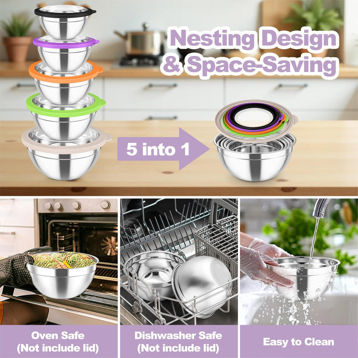 Mixing Bowls with Lids Set of 5, Stainless Steel Salad Bowls