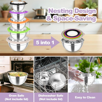 Mixing Bowls with Lids Set of 5, Stainless Steel Salad Bowls