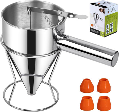 Pancake Batter Dispenser, 40oz Multi-Caliber Stainless Steel Funnel Cake Dispenser with Stand Waffle Batter Dispenser Pancake Maker Cooking Tools (1.2L)