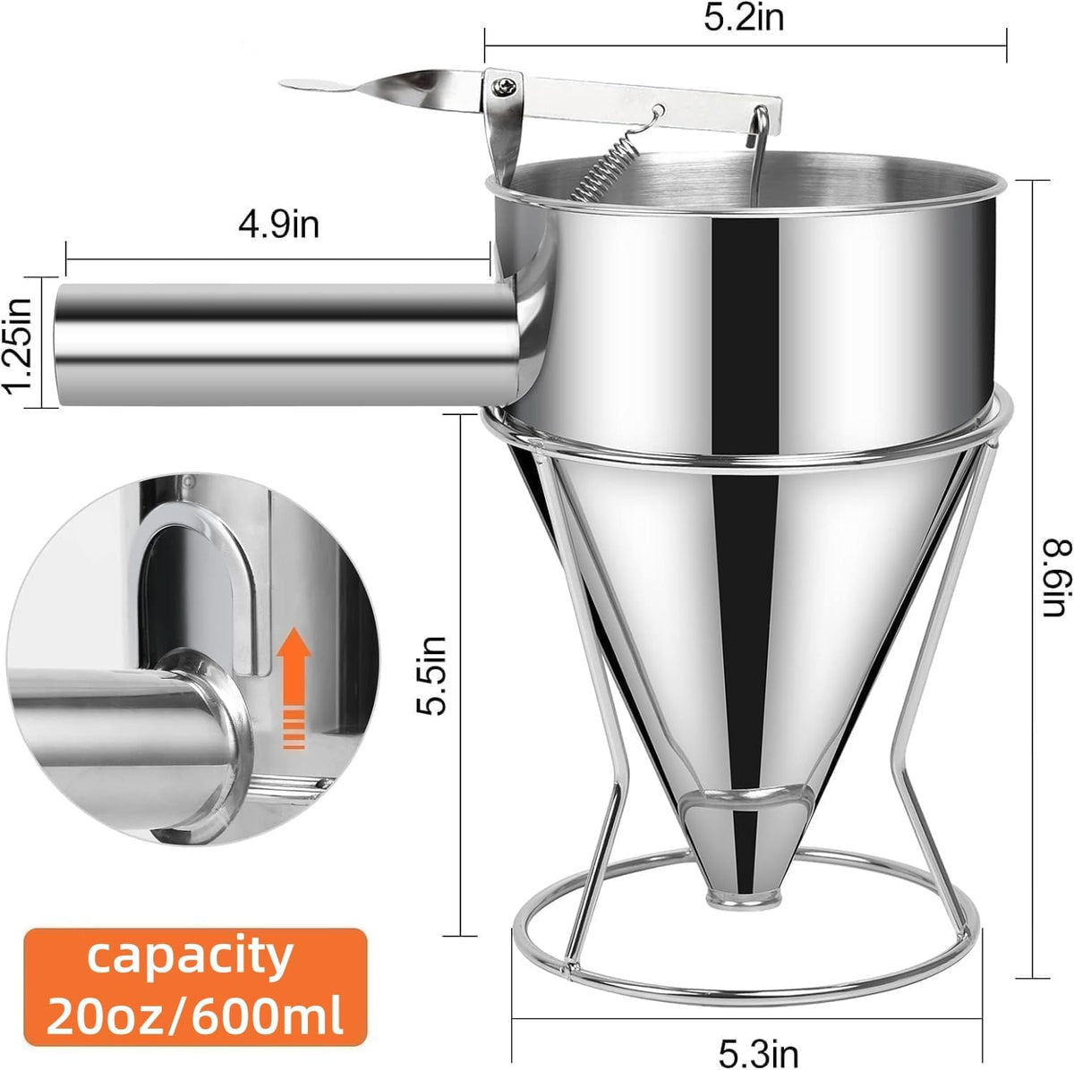 Pancake Batter Dispenser, 40oz Multi-Caliber Stainless Steel Funnel Cake Dispenser with Stand Waffle Batter Dispenser Pancake Maker Cooking Tools (1.2L)