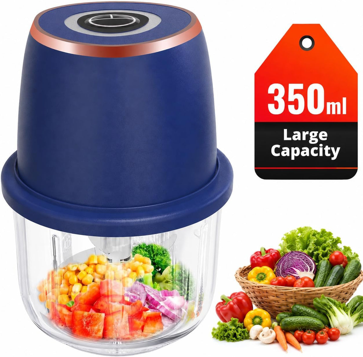 Electric Garlic Chopper 350ml, Powerful Portable Mini Food Processor, 1 Head 6 Blades, 1200mAh USB Rechargeable One-Touch Mincer for Garlic, Onion & Herbs, Auto Shut-Off, Noise-Reducing Base(Blue)
