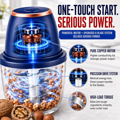 Electric Garlic Chopper 350ml, Powerful Portable Mini Food Processor, 1 Head 6 Blades, 1200mAh USB Rechargeable One-Touch Mincer for Garlic, Onion & Herbs, Auto Shut-Off, Noise-Reducing Base(Blue)