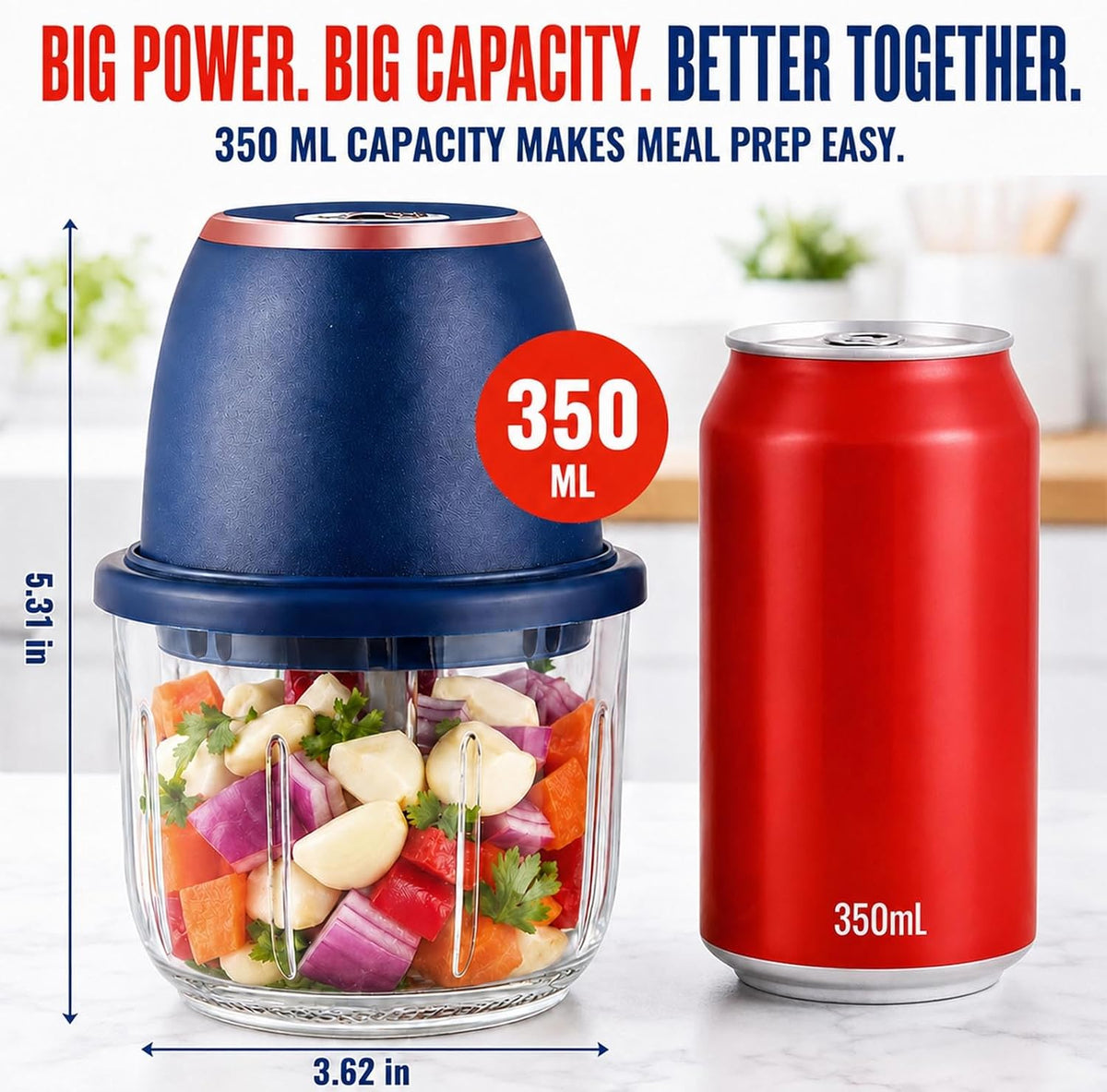 Electric Garlic Chopper 350ml, Powerful Portable Mini Food Processor, 1 Head 6 Blades, 1200mAh USB Rechargeable One-Touch Mincer for Garlic, Onion & Herbs, Auto Shut-Off, Noise-Reducing Base(Blue)