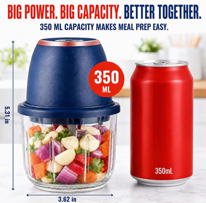 Electric Garlic Chopper 350ml, Powerful Portable Mini Food Processor, 1 Head 6 Blades, 1200mAh USB Rechargeable One-Touch Mincer for Garlic, Onion & Herbs, Auto Shut-Off, Noise-Reducing Base(Blue)