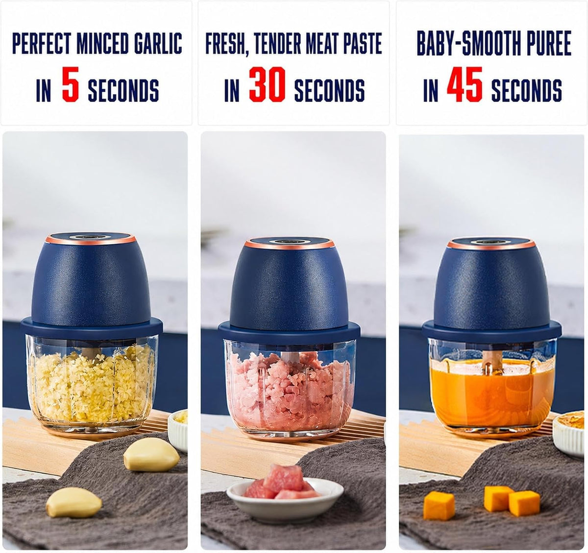 Electric Garlic Chopper 350ml, Powerful Portable Mini Food Processor, 1 Head 6 Blades, 1200mAh USB Rechargeable One-Touch Mincer for Garlic, Onion & Herbs, Auto Shut-Off, Noise-Reducing Base(Blue)