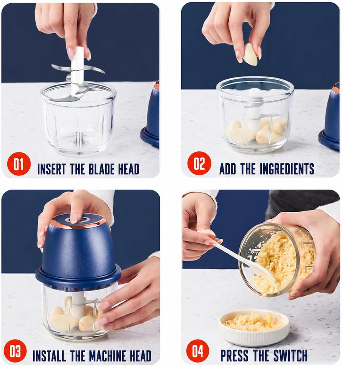 Electric Garlic Chopper 350ml, Powerful Portable Mini Food Processor, 1 Head 6 Blades, 1200mAh USB Rechargeable One-Touch Mincer for Garlic, Onion & Herbs, Auto Shut-Off, Noise-Reducing Base(Blue)