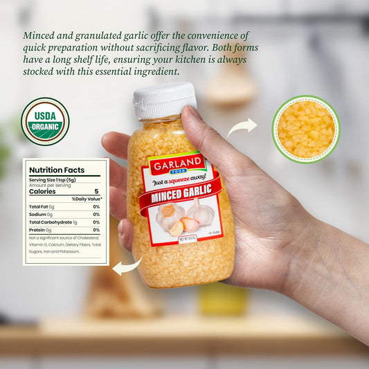 Garland Food Squeezable Minced Garlic in Water 9.5 oz – Made in the USA - Garlic Minced Squeeze Bottle for Fresh Flavor, Time-Saving Prep, and Versatile Uses in Every Dish