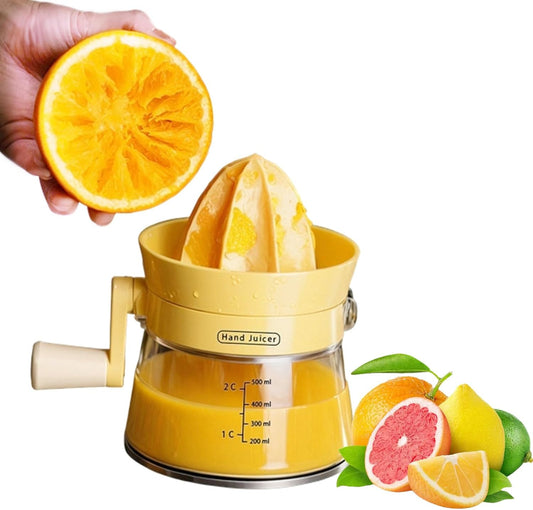 Manual Citrus Juicer with Rotating Crank-500ml Large Capacity Hand Press for Lemon Orange Lime Grapefruit | Max Extraction,Ergonomic Handle for Effortless Squeezing,Dishwasher Safe & Compact Storage
