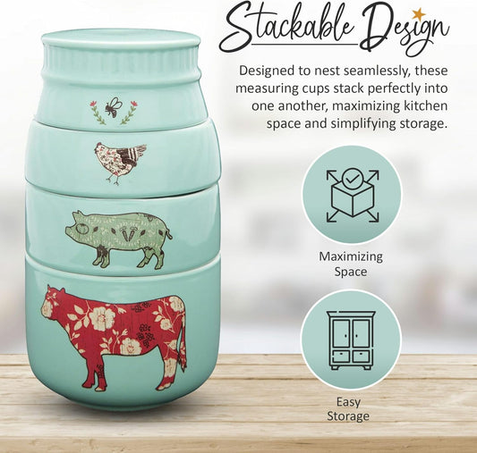 'Live Simply Bee, Chicken, Pig, and Cow' - 4-Piece Stoneware Measuring Cups Set, Sturdy Farmhouse-Style Kitchenware for Home Baking, Cooking, Gifting - Teal, 8 Ounces