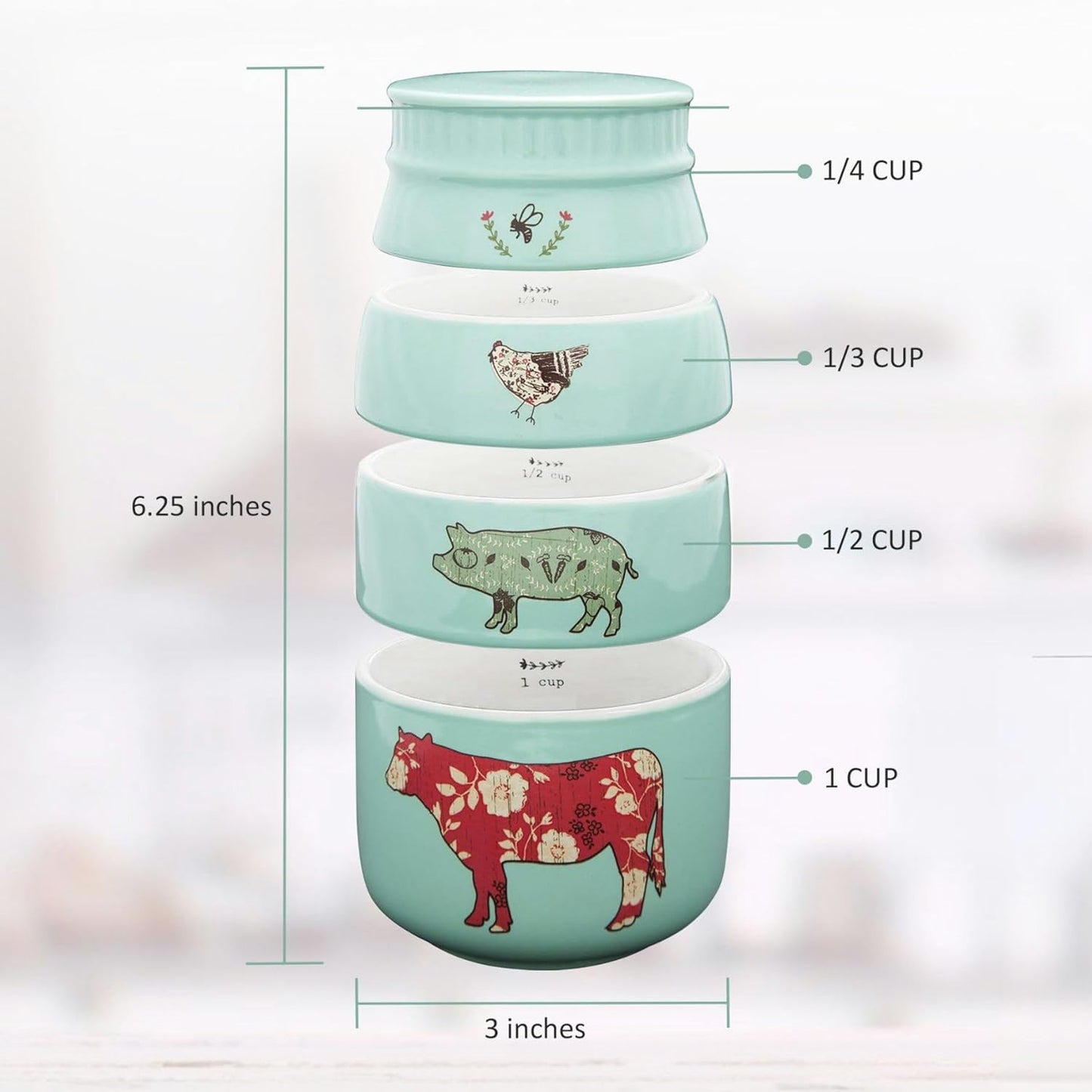 'Live Simply Bee, Chicken, Pig, and Cow' - 4-Piece Stoneware Measuring Cups Set, Sturdy Farmhouse-Style Kitchenware for Home Baking, Cooking, Gifting - Teal, 8 Ounces