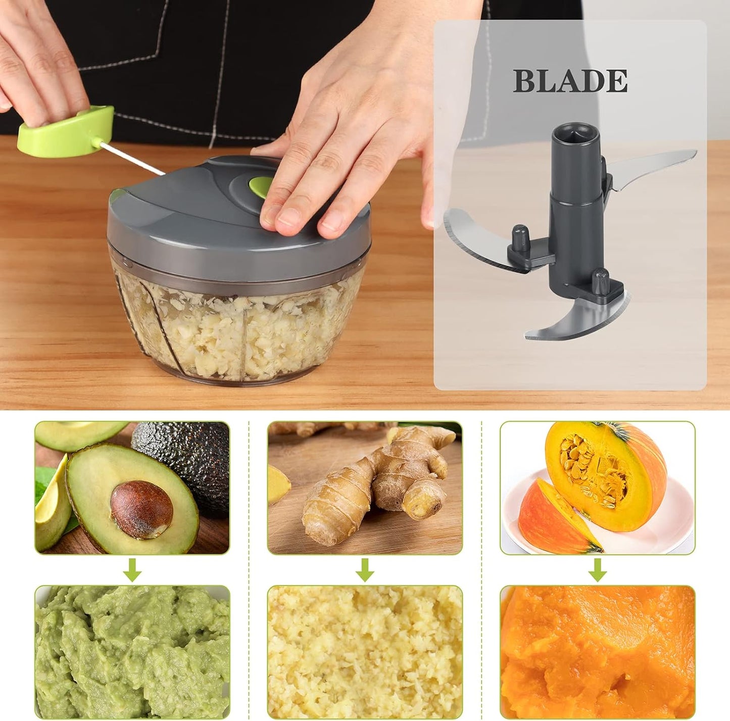 Manual Food Chopper Vegetable Cutter, Hand String Vegetable Chopper Onions Cutter for Vegetable Fruits Nuts BPA Free Food Safe Material, 500ml Gray