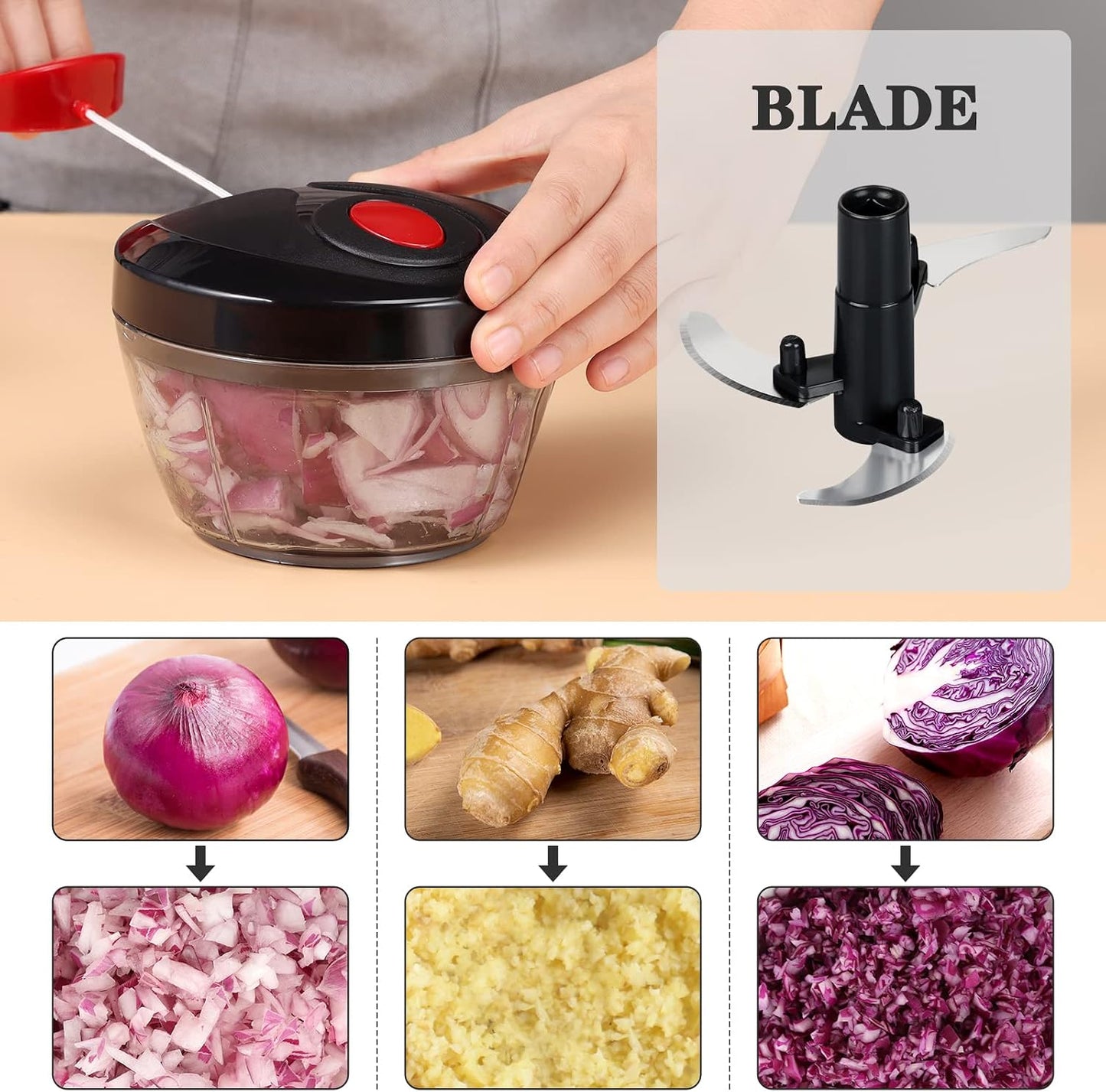 Manual Food Chopper Vegetable Cutter, Hand String Vegetable Chopper Onions Cutter for Vegetable Fruits Nuts BPA Free Food Safe Material, 500ml Gray