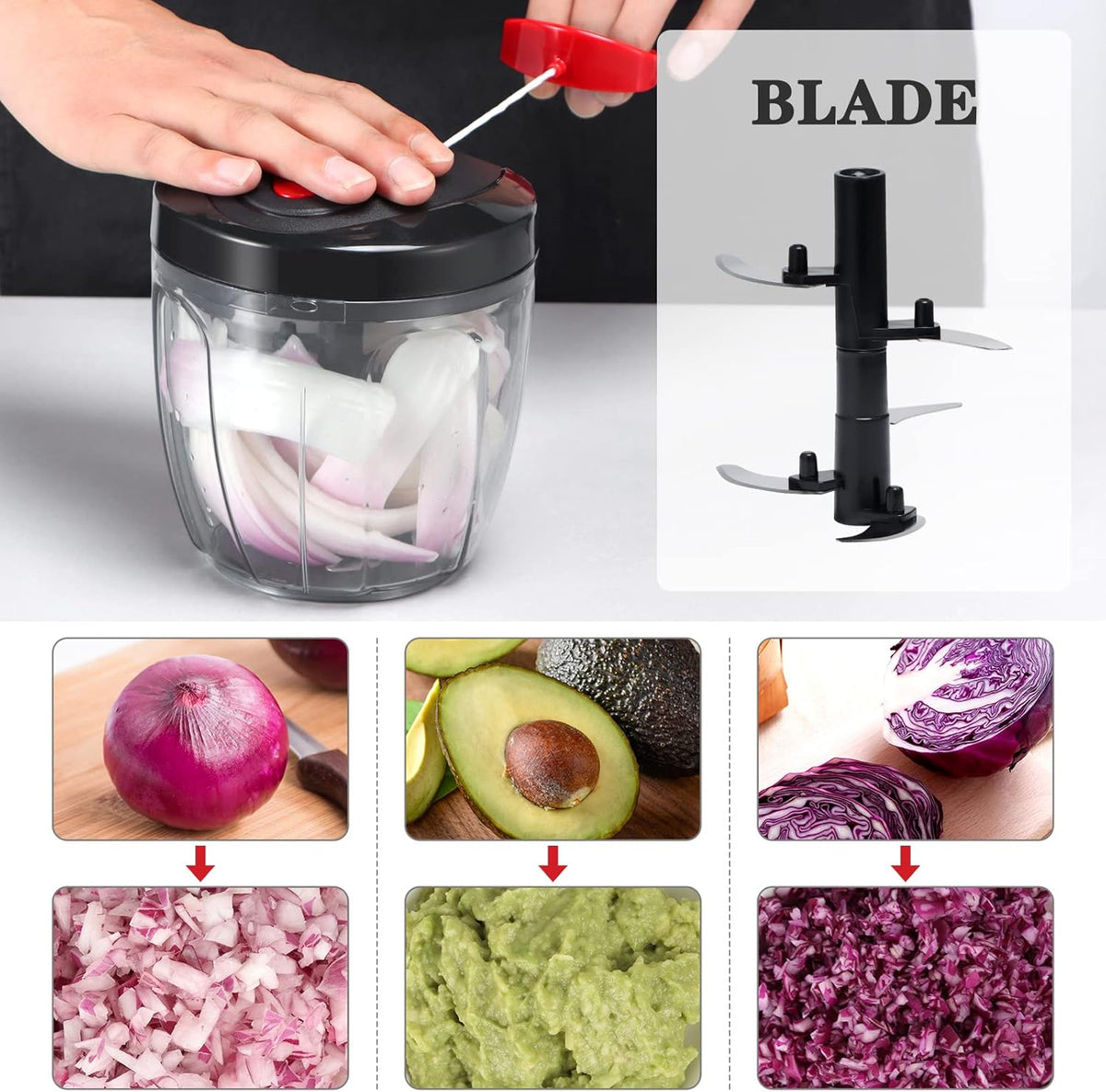 Manual Food Chopper Vegetable Cutter, Hand String Vegetable Chopper Onions Cutter for Vegetable Fruits Nuts BPA Free Food Safe Material, 500ml Gray