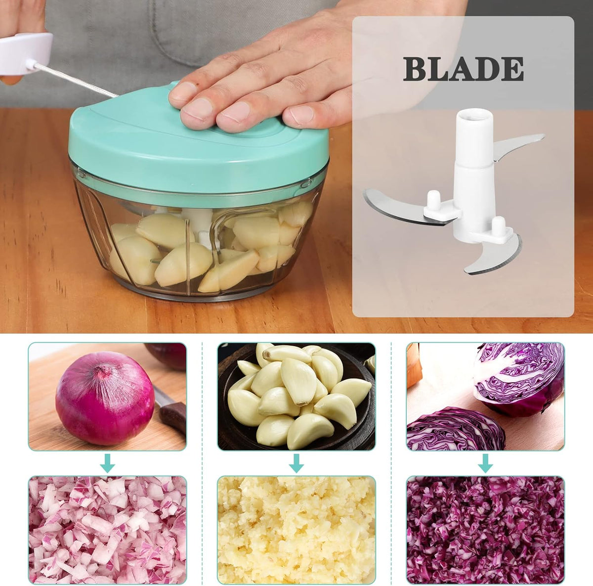 Manual Food Chopper Vegetable Cutter, Hand String Vegetable Chopper Onions Cutter for Vegetable Fruits Nuts BPA Free Food Safe Material, 500ml Gray