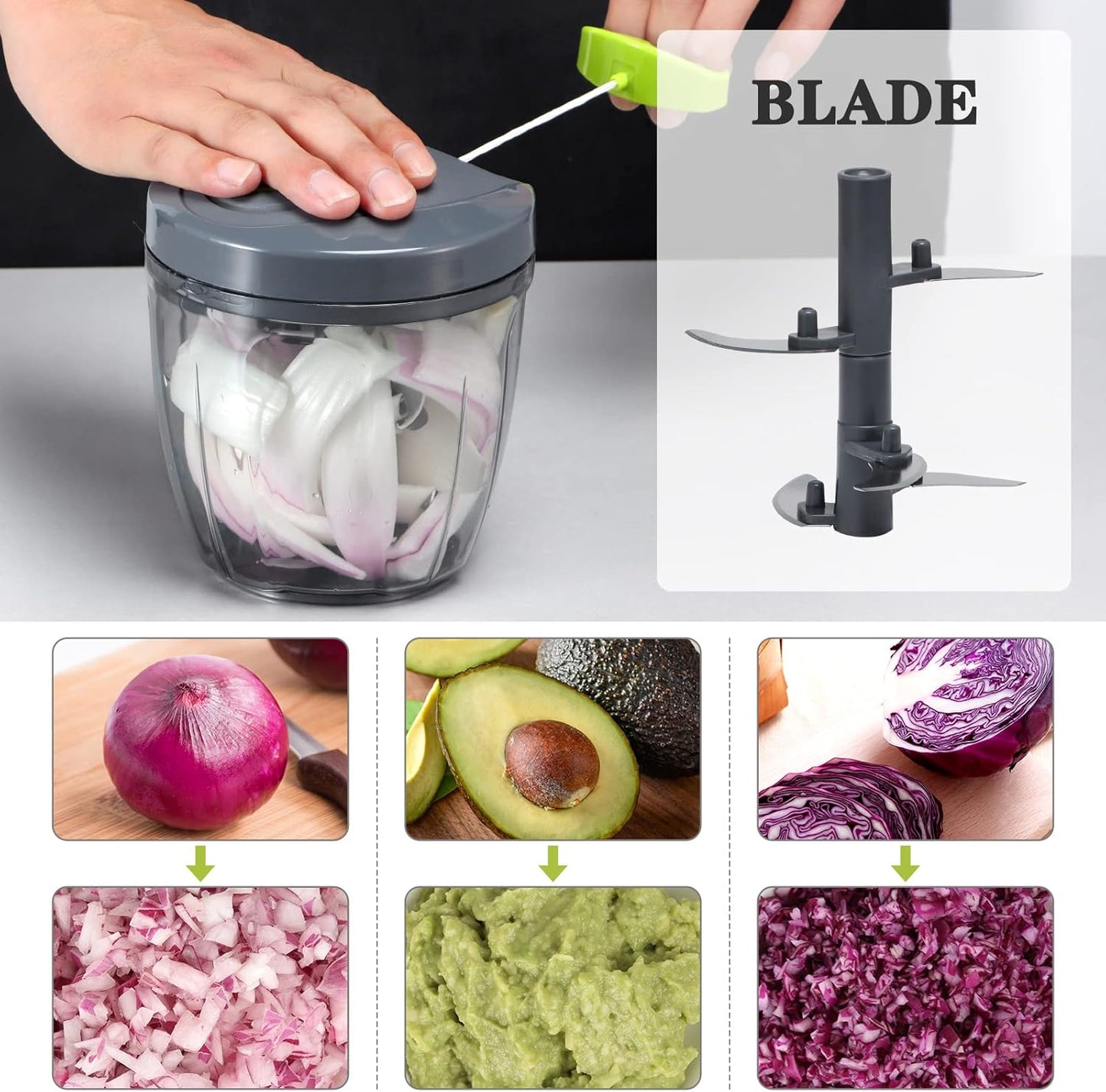 Manual Food Chopper Vegetable Cutter, Hand String Vegetable Chopper Onions Cutter for Vegetable Fruits Nuts BPA Free Food Safe Material, 500ml Gray