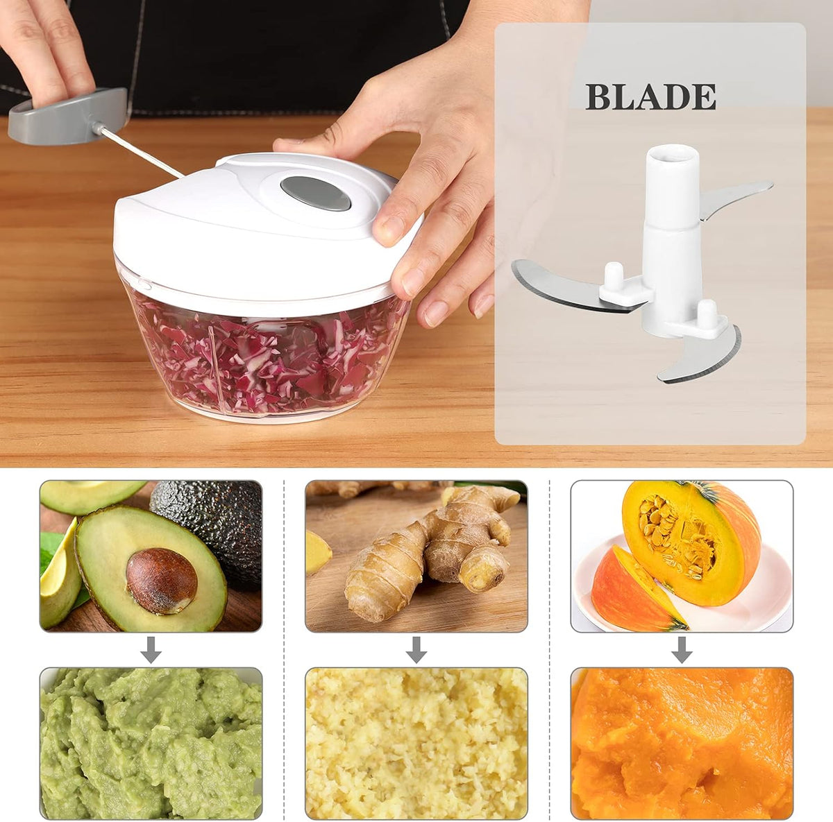 Manual Food Chopper Vegetable Cutter, Hand String Vegetable Chopper Onions Cutter for Vegetable Fruits Nuts BPA Free Food Safe Material, 500ml Gray