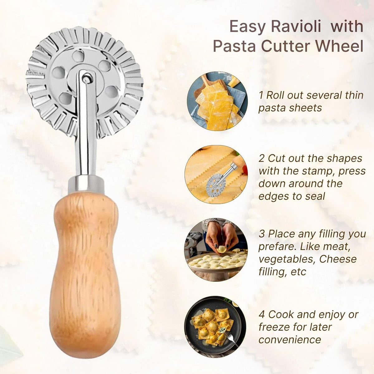 Pasta Cutter Wheel Ravioli Crimper Pizza Dough Cookie Cutting Wheel Dumpling Noodle Making Roller Durable Zinc Alloy Kitchen Tool for Baking Cooking