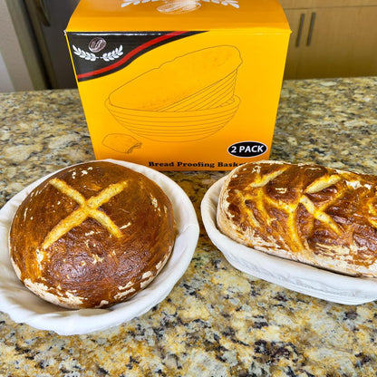 Banneton Basket Set of 2, 10" Oval & 9.7" Round Banneton Bread Proofing Basket with Liners, Bread Lame, Silicone Baking Mat, Danish Whisk, Brush, Proofing Bowls Sourdough Starter Kit Tools
