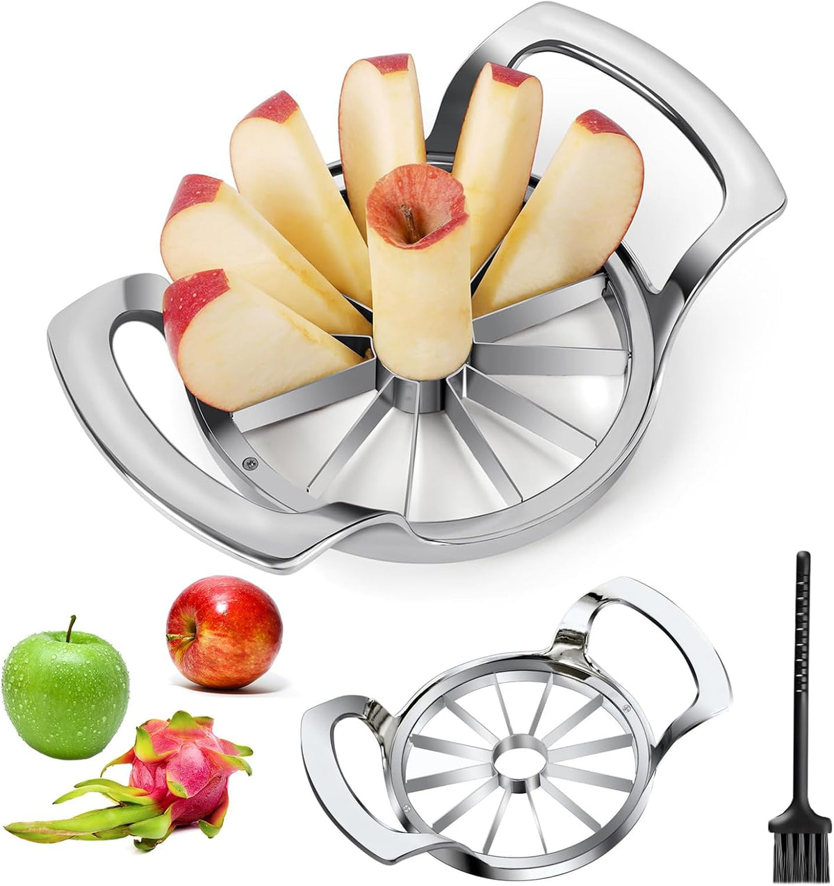 Stainless Steel Apple Slicer 12 Slices - Large Apple Corer Remover with Cleaning Brush, Thin Fruit Slicer Wedger for Home Kitchen, Baking & Snacking