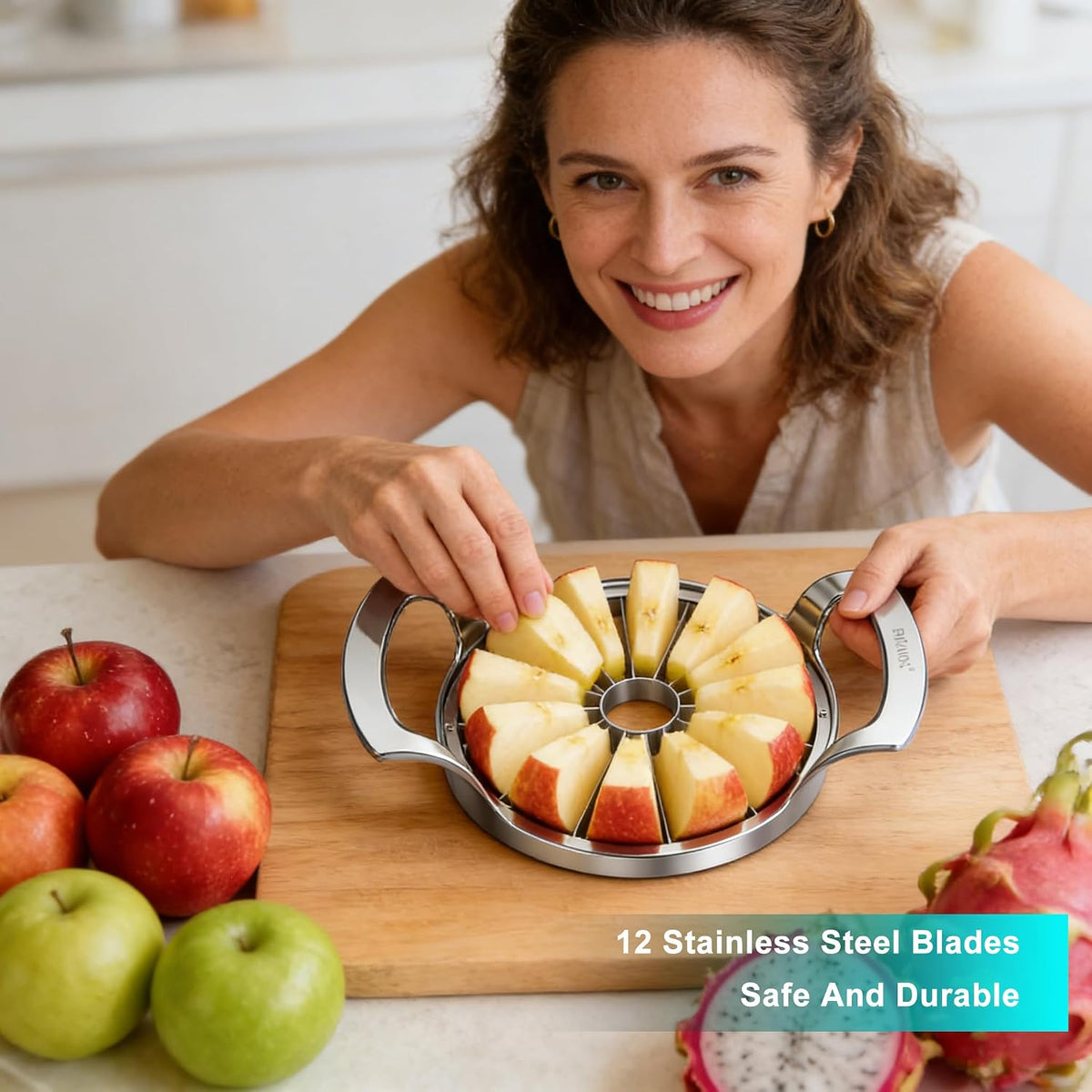 Stainless Steel Apple Slicer 12 Slices - Large Apple Corer Remover with Cleaning Brush, Thin Fruit Slicer Wedger for Home Kitchen, Baking & Snacking