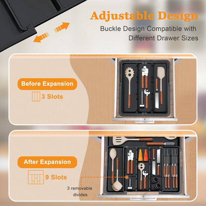 Large Utensil Drawer Organizer for Kitchen, Expandable Silverware Organizer Utensil Holder, Cutlery and Flatware Cooking Tray, Kitchen Drawer Organizers and Storage with Removable Knife Block, Black