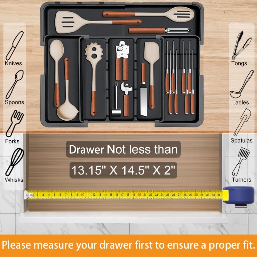 Large Utensil Drawer Organizer for Kitchen, Expandable Silverware Organizer Utensil Holder, Cutlery and Flatware Cooking Tray, Kitchen Drawer Organizers and Storage with Removable Knife Block, Black