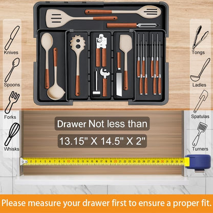 Large Utensil Drawer Organizer for Kitchen, Expandable Silverware Organizer Utensil Holder, Cutlery and Flatware Cooking Tray, Kitchen Drawer Organizers and Storage with Removable Knife Block, Black