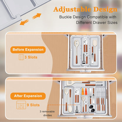Large Utensil Drawer Organizer for Kitchen, Expandable Silverware Organizer Utensil Holder, Cutlery and Flatware Cooking Tray, Kitchen Drawer Organizers and Storage with Removable Knife Block, Black