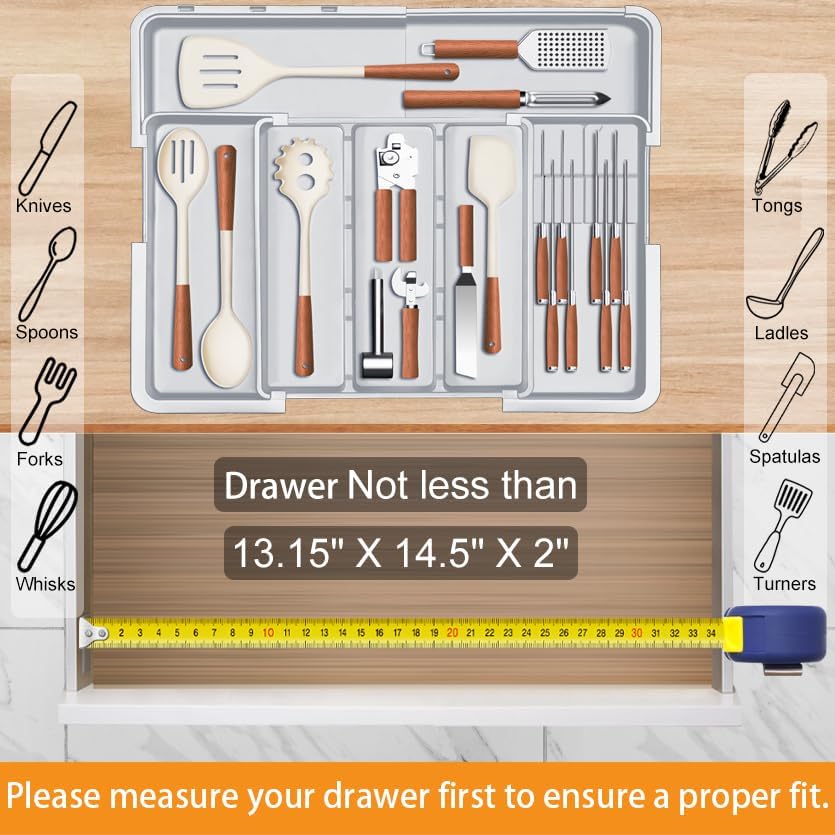 Large Utensil Drawer Organizer for Kitchen, Expandable Silverware Organizer Utensil Holder, Cutlery and Flatware Cooking Tray, Kitchen Drawer Organizers and Storage with Removable Knife Block, Black