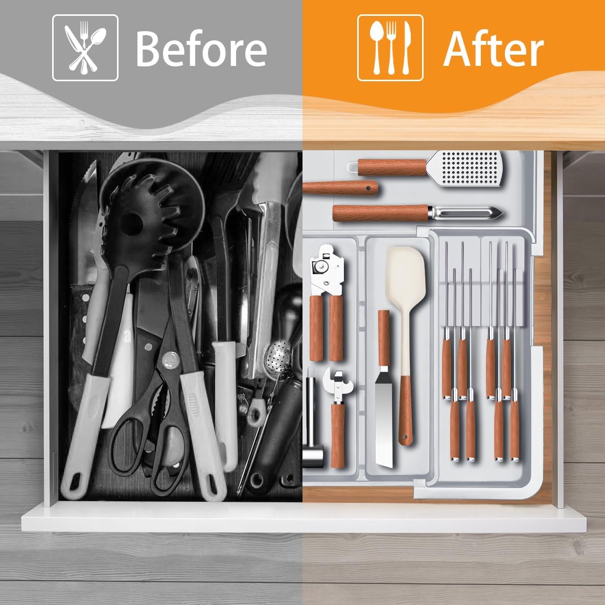 Large Utensil Drawer Organizer for Kitchen, Expandable Silverware Organizer Utensil Holder, Cutlery and Flatware Cooking Tray, Kitchen Drawer Organizers and Storage with Removable Knife Block, Black