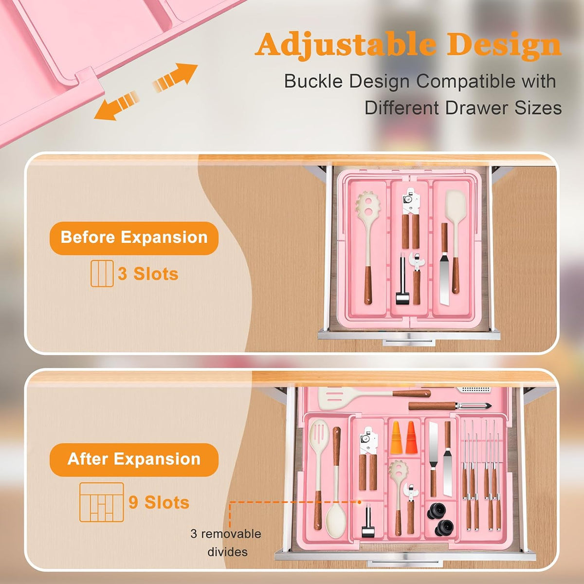 Large Utensil Drawer Organizer for Kitchen, Expandable Silverware Organizer Utensil Holder, Cutlery and Flatware Cooking Tray, Kitchen Drawer Organizers and Storage with Removable Knife Block, Black