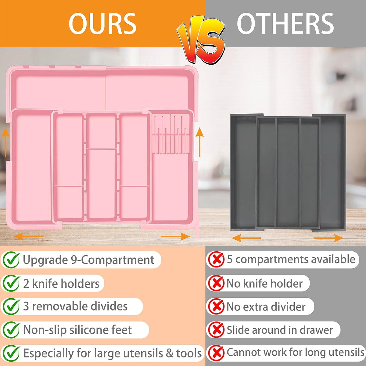 Large Utensil Drawer Organizer for Kitchen, Expandable Silverware Organizer Utensil Holder, Cutlery and Flatware Cooking Tray, Kitchen Drawer Organizers and Storage with Removable Knife Block, Black