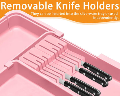 Large Utensil Drawer Organizer for Kitchen, Expandable Silverware Organizer Utensil Holder, Cutlery and Flatware Cooking Tray, Kitchen Drawer Organizers and Storage with Removable Knife Block, Black