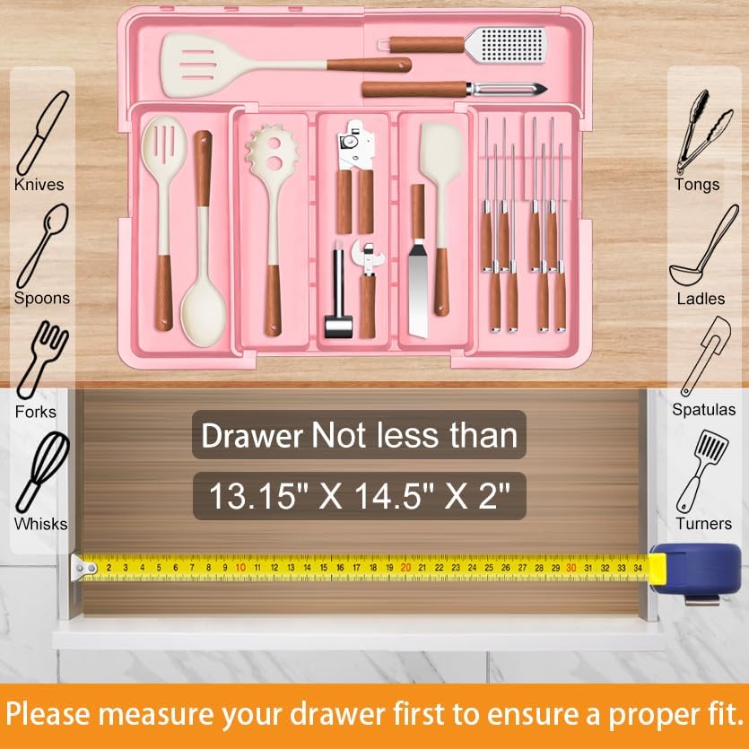 Large Utensil Drawer Organizer for Kitchen, Expandable Silverware Organizer Utensil Holder, Cutlery and Flatware Cooking Tray, Kitchen Drawer Organizers and Storage with Removable Knife Block, Black
