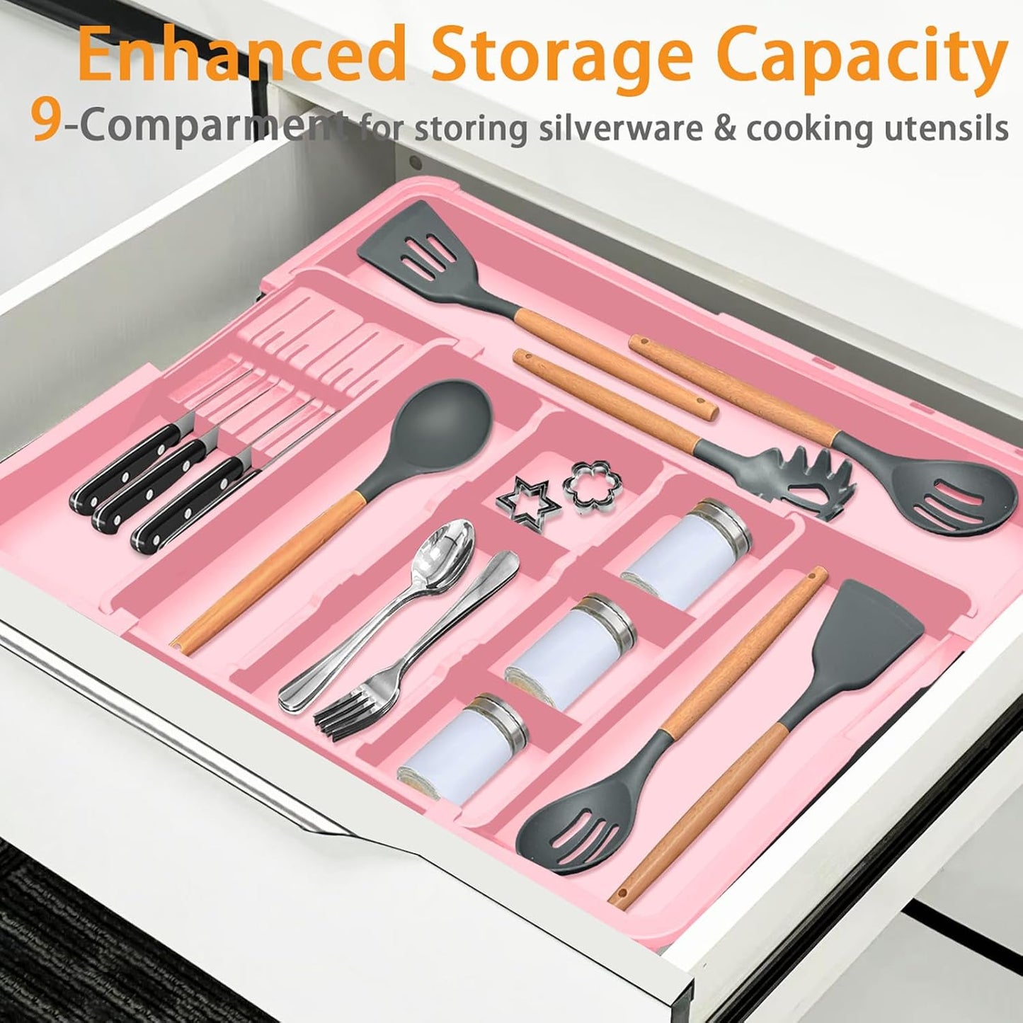 Large Utensil Drawer Organizer for Kitchen, Expandable Silverware Organizer Utensil Holder, Cutlery and Flatware Cooking Tray, Kitchen Drawer Organizers and Storage with Removable Knife Block, Black